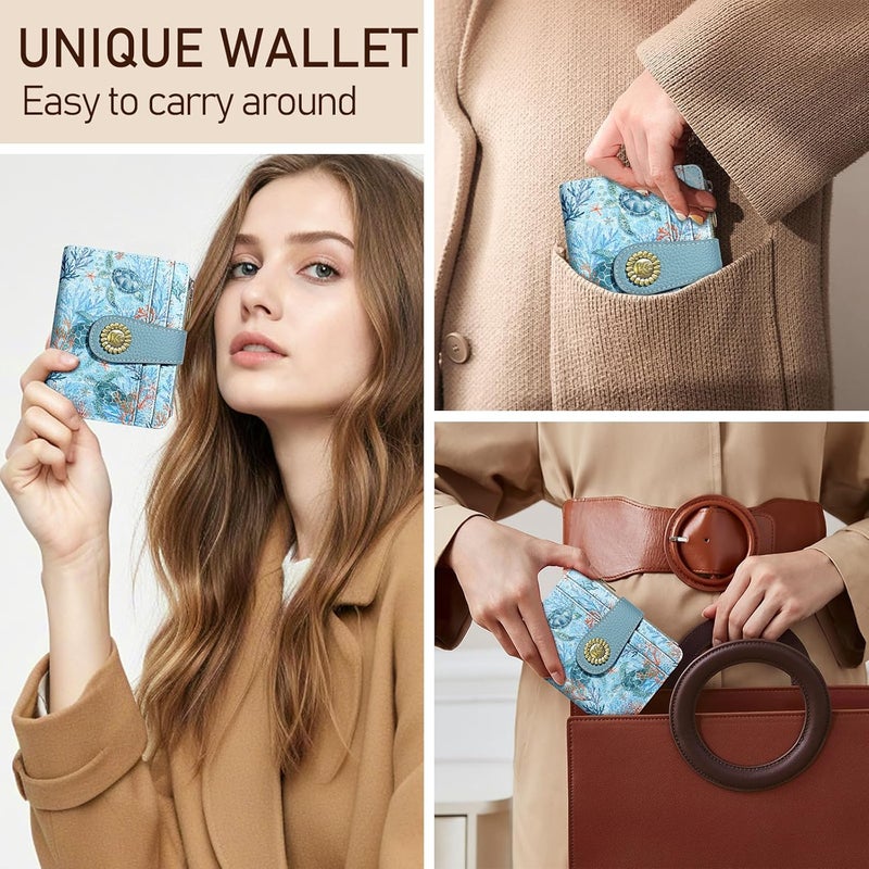 Kelvoris Sea Turtle Small Rfid Women Wallet Bifold Zipper Coin Pocket PU Leather Compact Cash Credit Card Holder Travel Wallet for Female Ladies Teen Girls 1 ID Window 10 Card Slots - Image 2